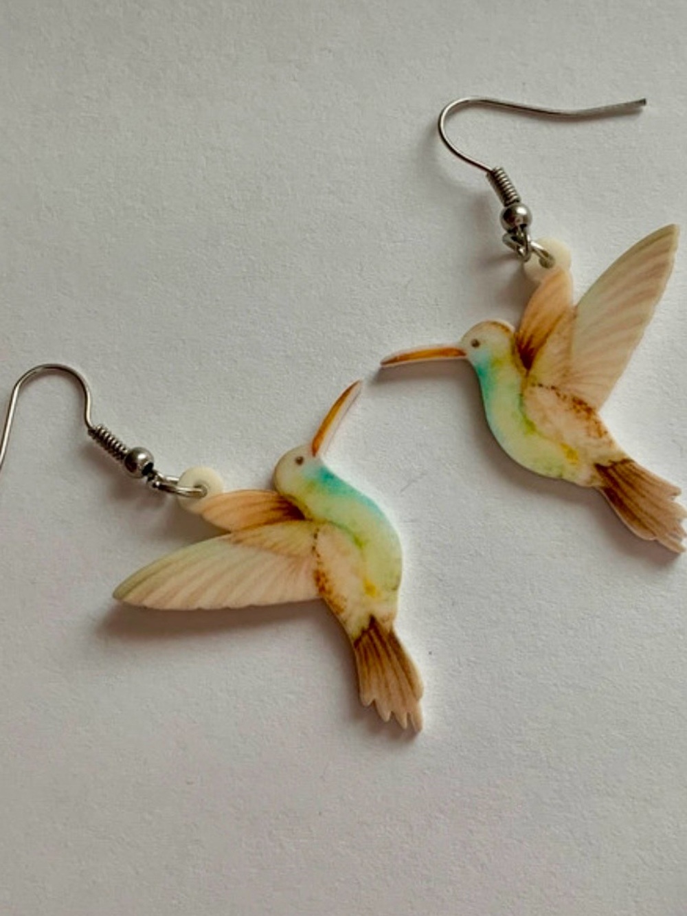 Hummingbird Drop Earrings in Pastel tan, cream, and green